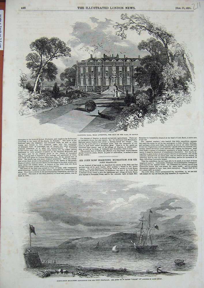Old Antique Print 1851 Croxeth Liverpool Sefton Franklin Ship Felix Ryan 19th