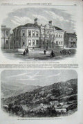 Old Antique Print 1863 Wedgwood Memorial Burslem Murree India Sanitarium 19th