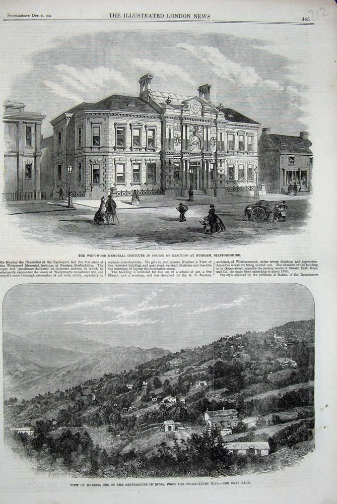 Old Antique Print 1863 Wedgwood Memorial Burslem Murree India Sanitarium 19th