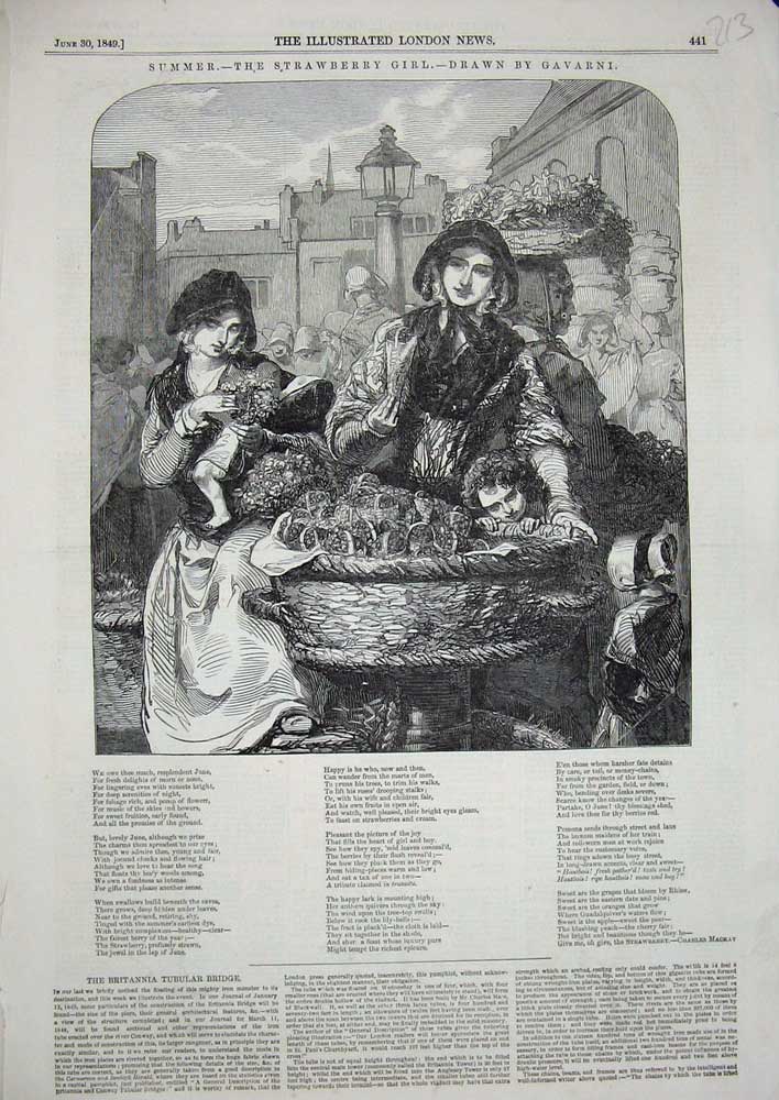Original Old Antique Print 1849 Gavarni Fine Art Strawberry Girl Market Basket