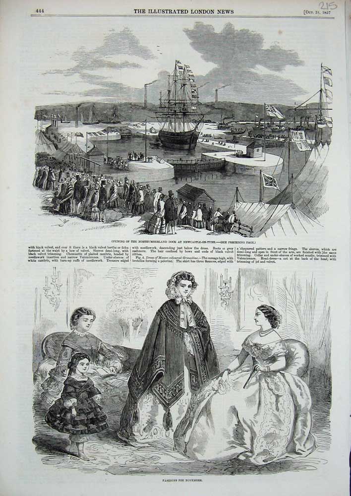 Old Antique Print 1857 Womens Fashion Northumberland Dock Newcastle Ship 19th