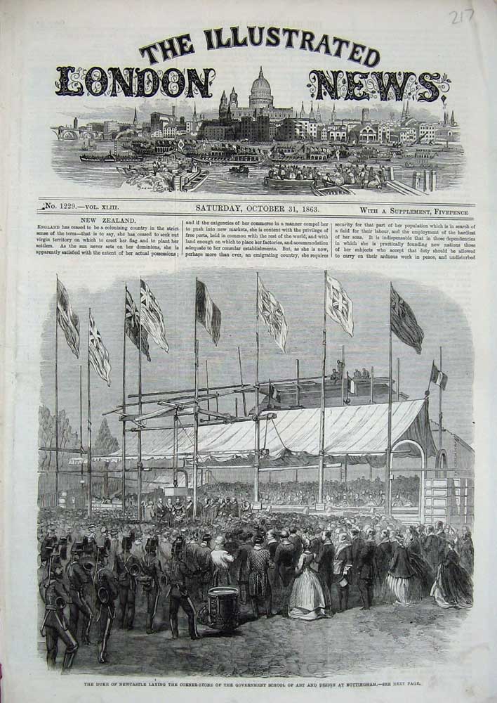 Original Old Antique Print Duke Newcastle Government School Art Nottingham 1863