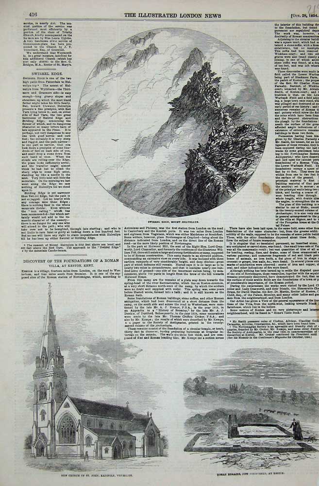 Original Old Antique Print 1854 Swirral Mount Helvellyn Church Weymouth Keston