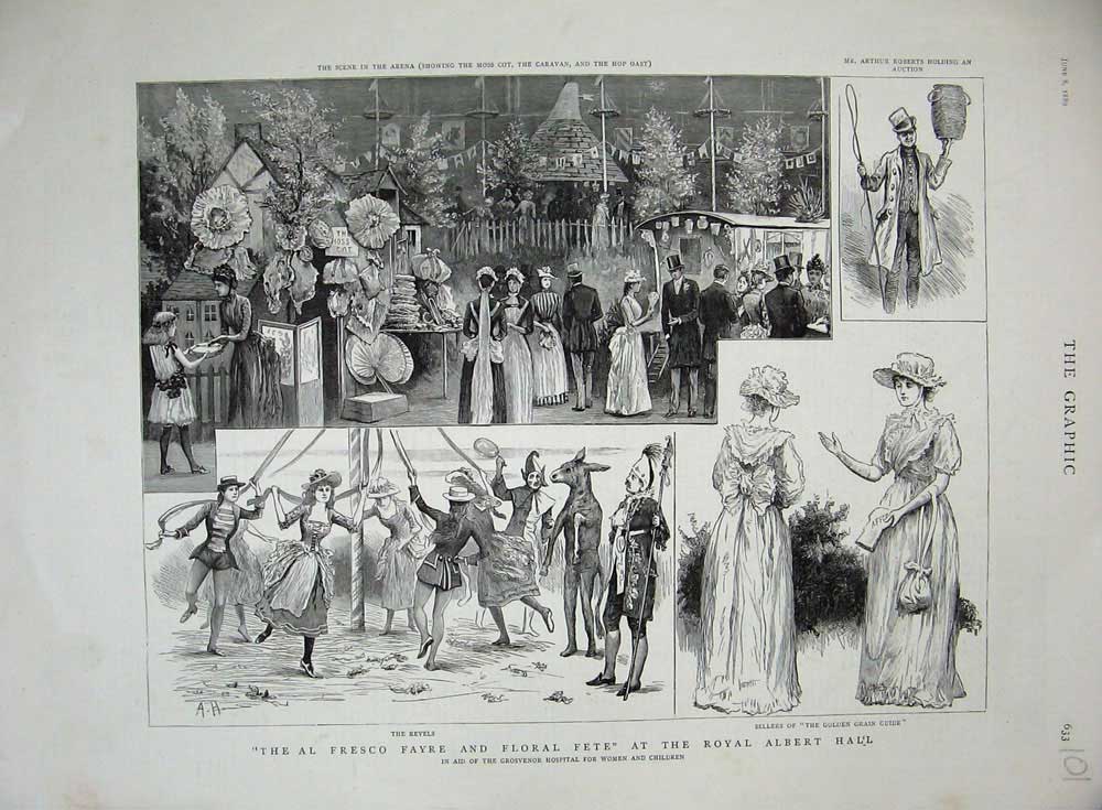 Original Old Antique Print 1889 Al Fresco Fayre Floral Fete Royal Albert Hall