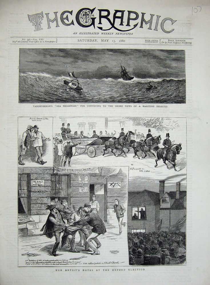 Original Old Antique Print Oxford Election 1880 Vandenbergh Sea Messenger Ship