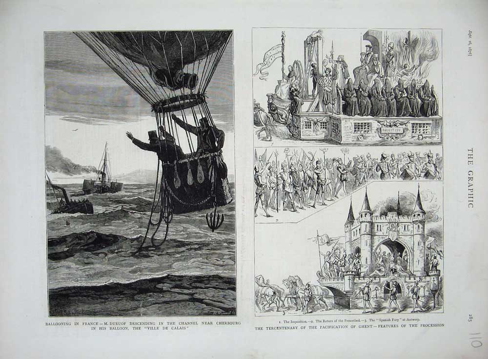 Old Antique Print 1876 Balloon Ville Calais Durouf Ghent Spanish Antwerp 19th