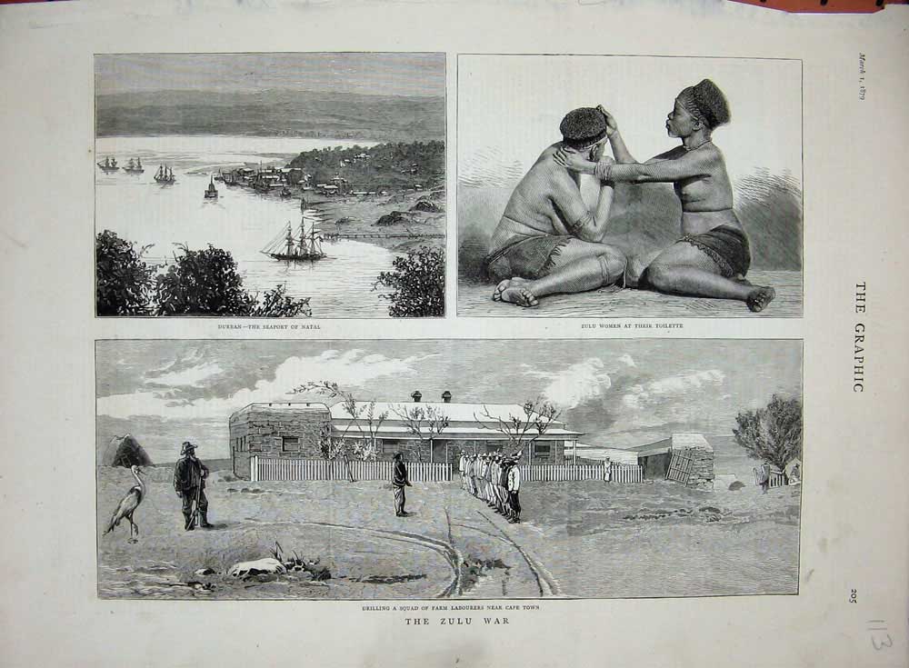 Original Old Antique Print 1879 Zulu War Farm Labourers Cape Town Durban Women