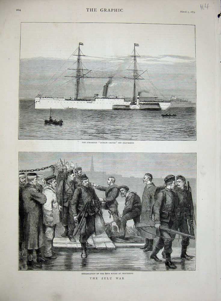 Original Old Antique Print Zulu War Gravesend 1879 Steamship Dublin Castle Sier