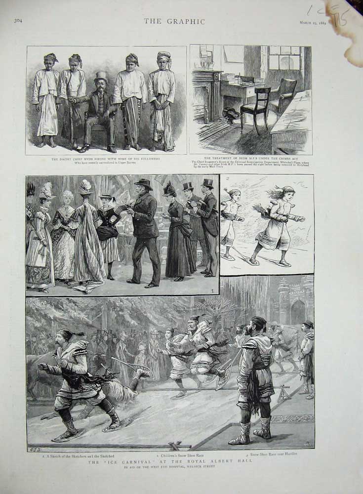 Old Antique Print 1889 Ice Carnival Royal Albert Hall Dacoit Myob Crime 19th