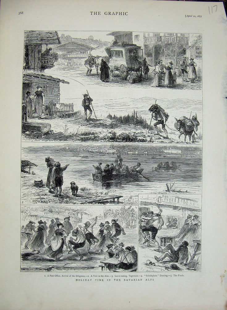 Original Old Antique Print 1877 Bavarian Alps Mountains Post Office Schuhplatte