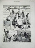 Original Old Antique Print 1882 Ice Skating Sketches Canada Dog Sledge Luncheon
