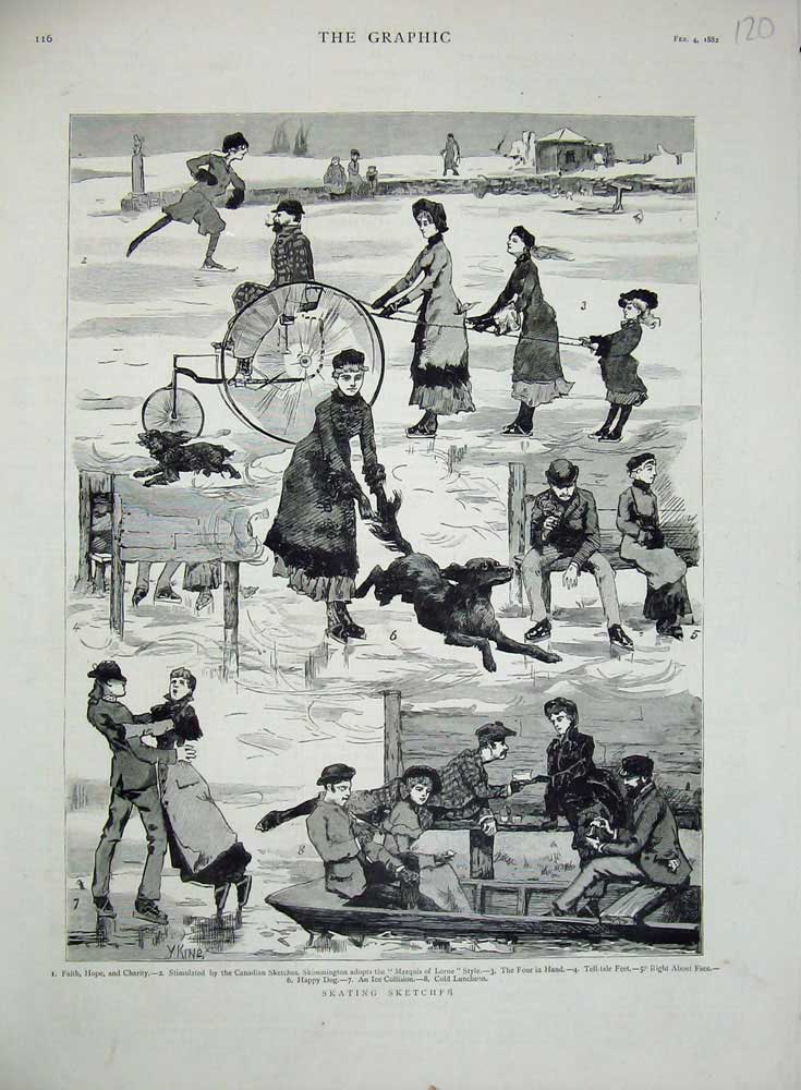 Original Old Antique Print 1882 Ice Skating Sketches Canada Dog Sledge Luncheon