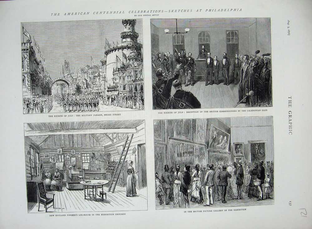 Original Old Antique Print 1876 American Celebrations Philadelphia Fourth July