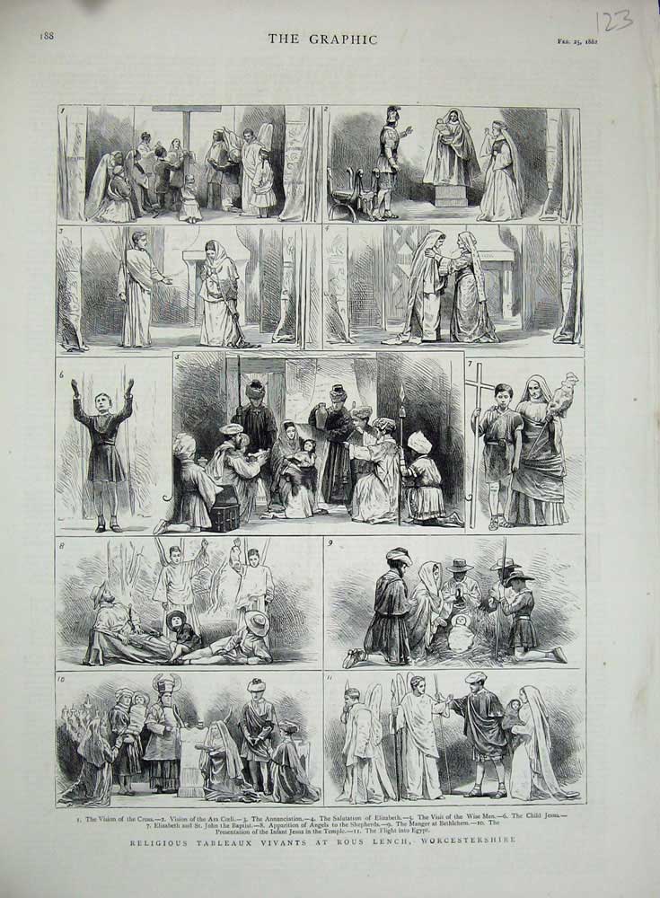 Original Old Antique Print Religious Tableaux Vivants Worcestershire Rous 1882