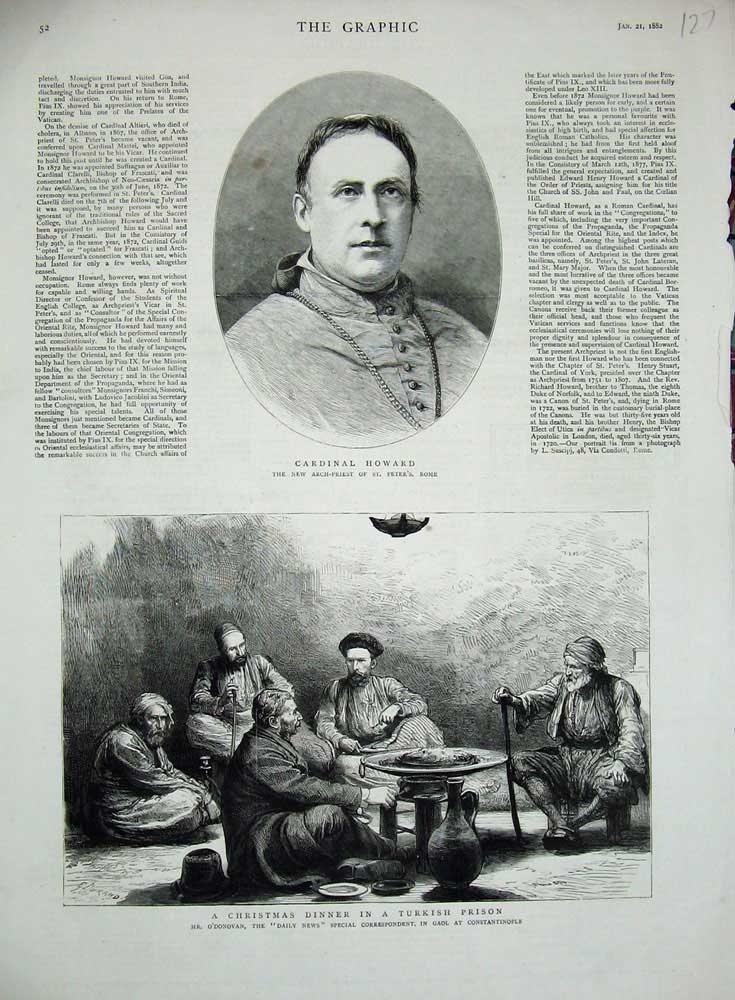 Old Antique Print 1882 Cardinal Howard Christmas Turkish Prison O'Donovan 19th
