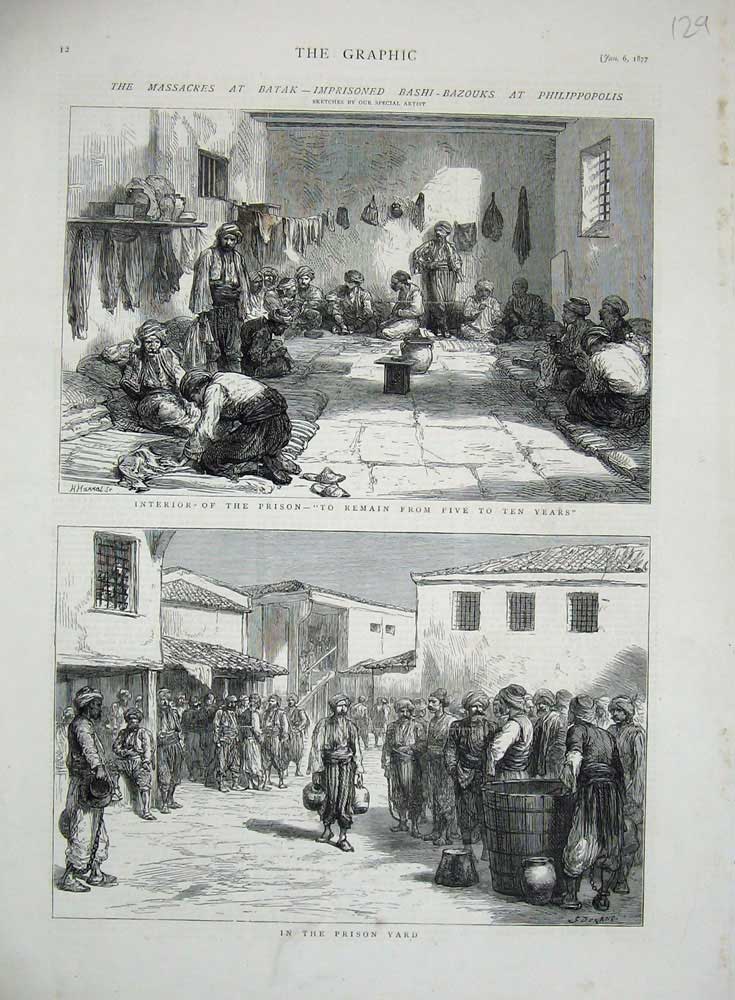 Old Antique Print 1877 Batak Bashi-Bazouks Philippopolis Prison Yard War 19th
