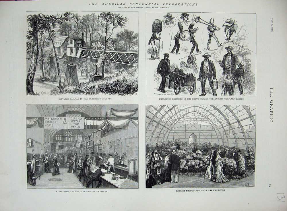 Old Antique Print 1876 America Railway Market Philadelphia Flowers Parade 19th