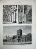 Original Old Antique Print 1877 Tewkesbury Abbey Countess Warwick Chapel Choir