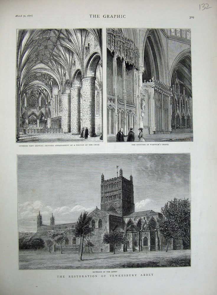 Original Old Antique Print 1877 Tewkesbury Abbey Countess Warwick Chapel Choir