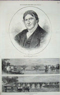 Original Old Antique Print 1871 Sir Acland Devon Nottingham Bridge River Boats