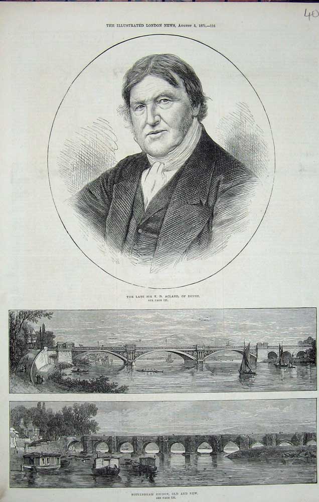 Original Old Antique Print 1871 Sir Acland Devon Nottingham Bridge River Boats