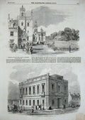 Old Antique Print 1851 Worsley Hall Queen Manchester Free Library Street 19th