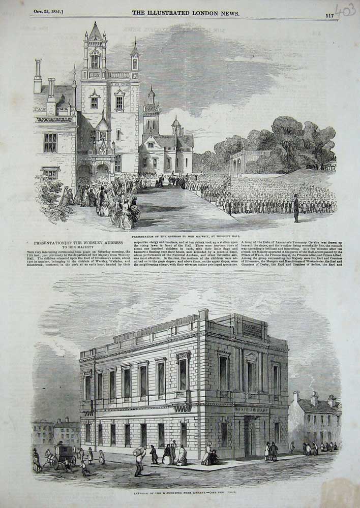 Old Antique Print 1851 Worsley Hall Queen Manchester Free Library Street 19th