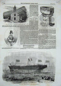 Old Antique Print 1854 Church Abercarn Wales Vittorio Emanuele Ship Font 19th