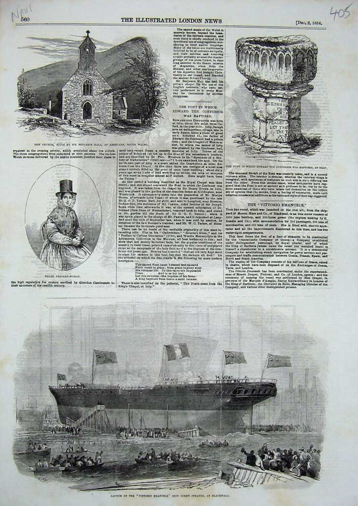 Old Antique Print 1854 Church Abercarn Wales Vittorio Emanuele Ship Font 19th