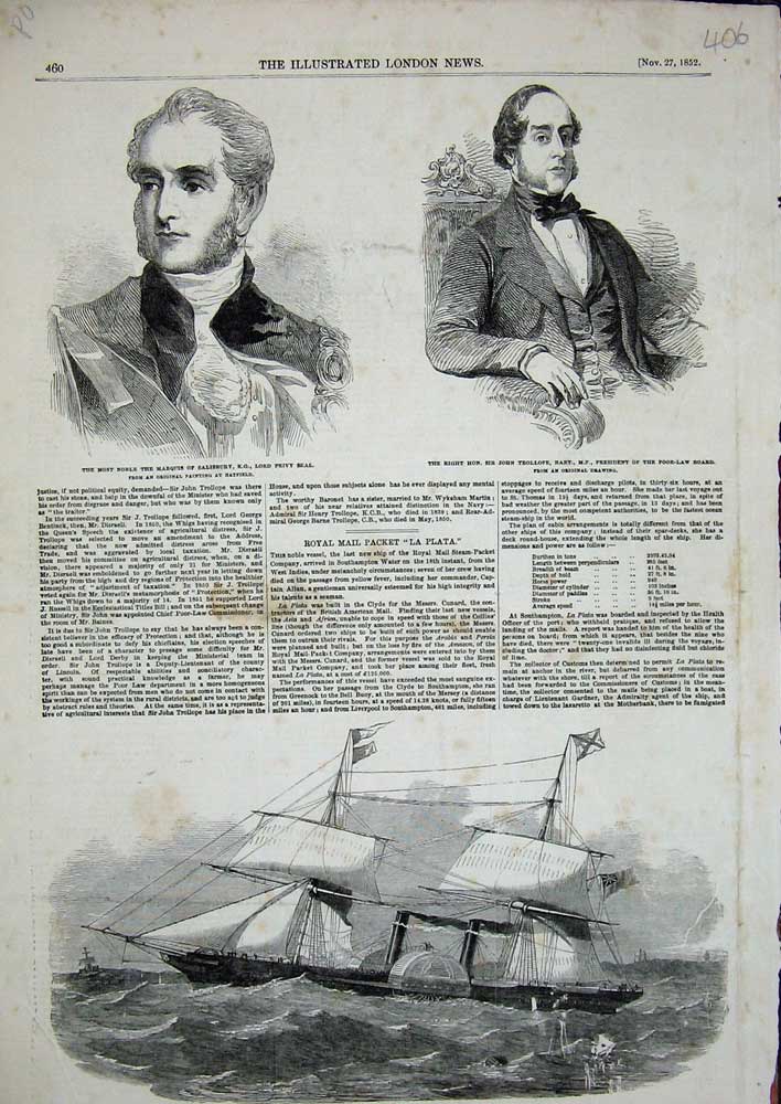 Old Antique Print 1852 Royal Mail Steam Ship La Plata Marquis Salisbury 19th