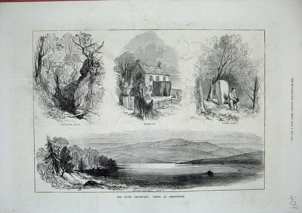 Old Antique Print 1871 Scott Abbotsford Loch Rhymer'S Glenn Kaeside Cauld 19th