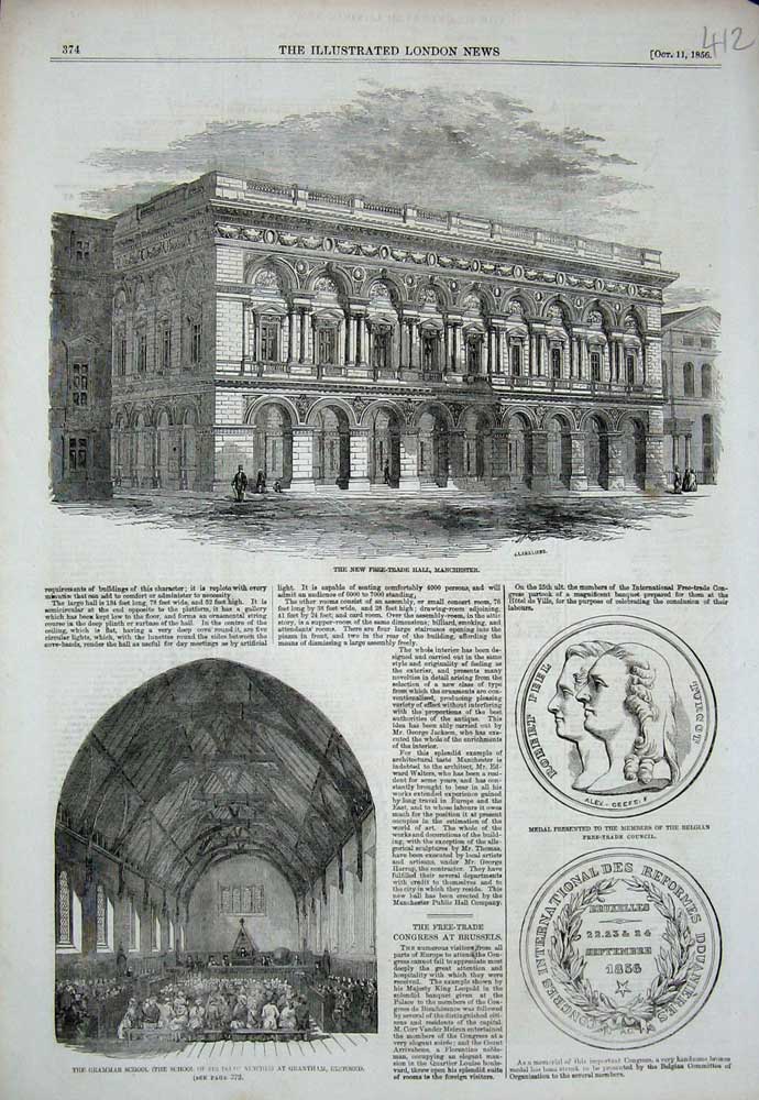 Old Antique Print 1856 Free-Trade Hall Manchester Grammar School Newton 19th