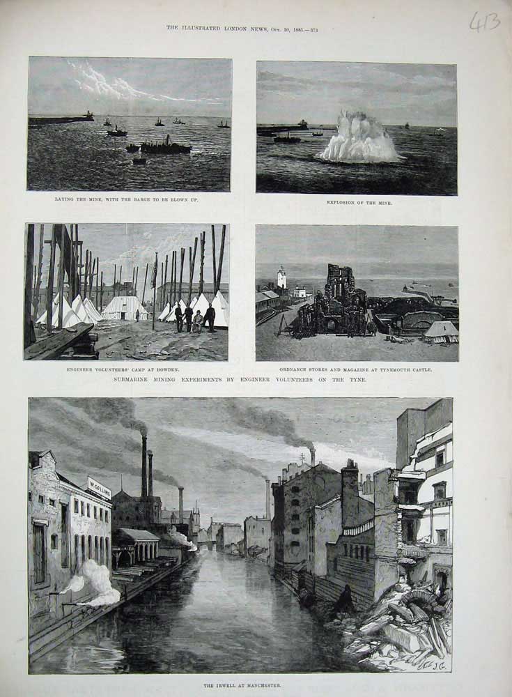 Old Antique Print 1885 Irwell Manchester Submarine Experiment Tyne Howden 19th