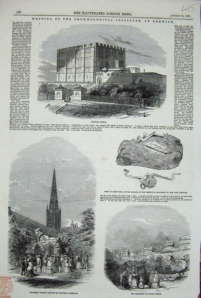 Old Antique Print 1847 Norwich Castle Willis Cathedral Chain Mail Burgh 19th