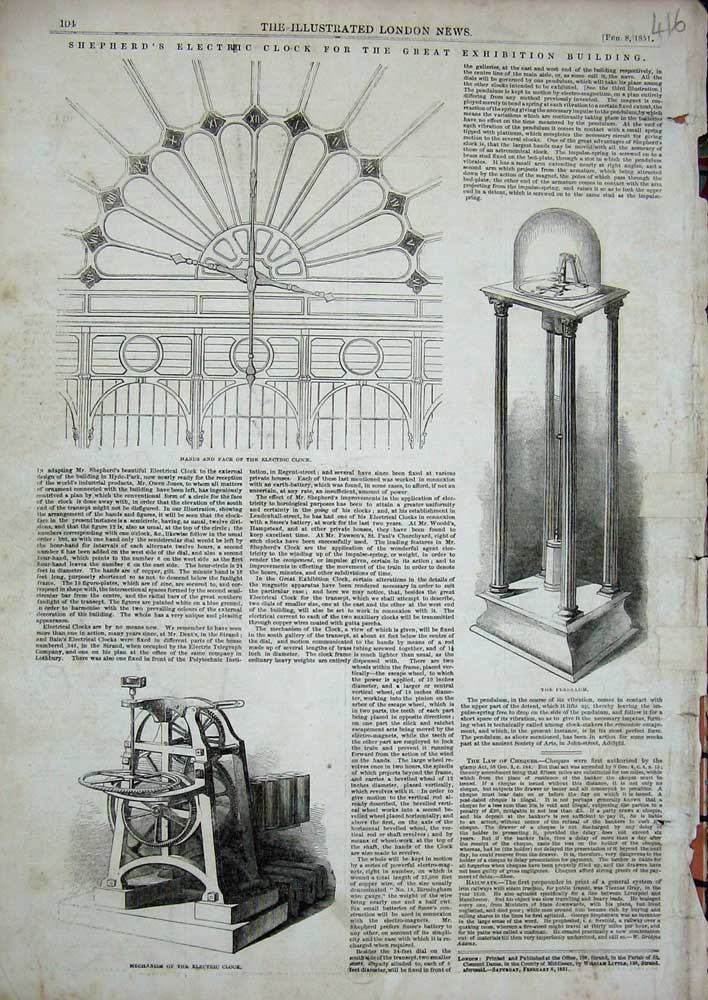 Original Old Antique Print 1851 Electric Clock Pendulum Mechanism Hands Face