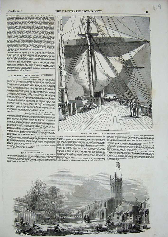 Original Old Antique Print 1854 Clift-House Iron Building Bristol Himalaya Ship