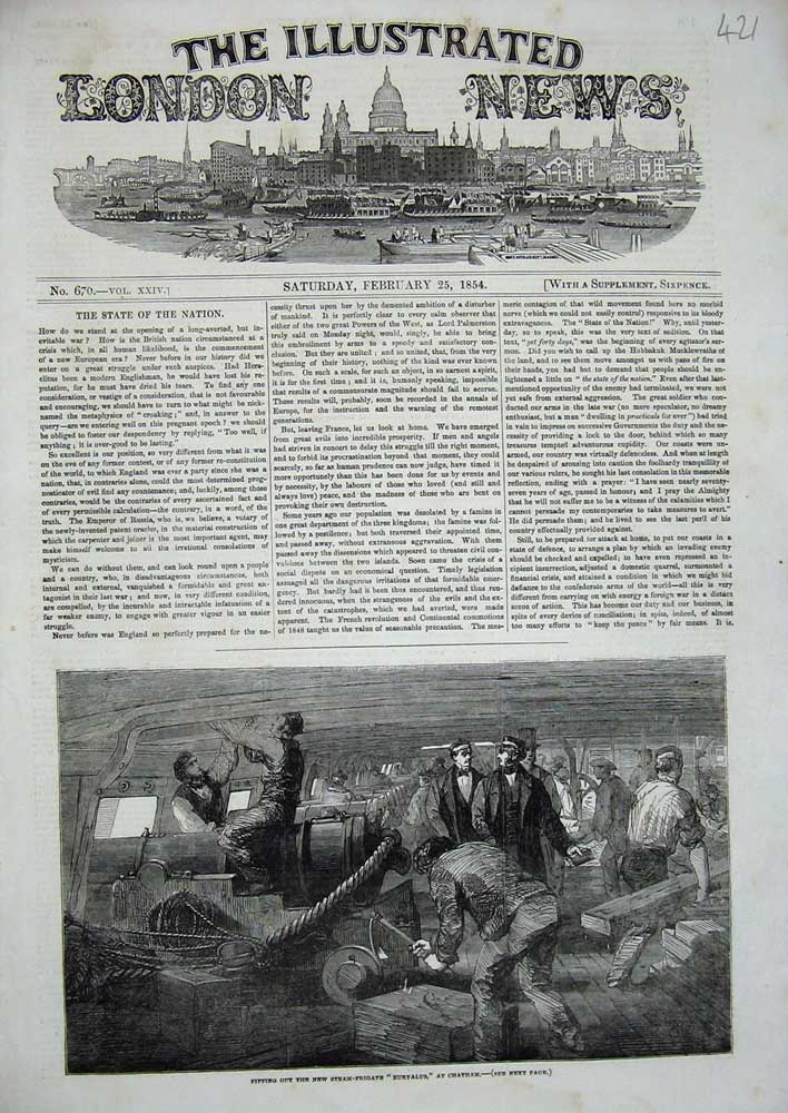 Original Old Antique Print 1854 New Steam Frigate Ship Euryalus Chatham War Men