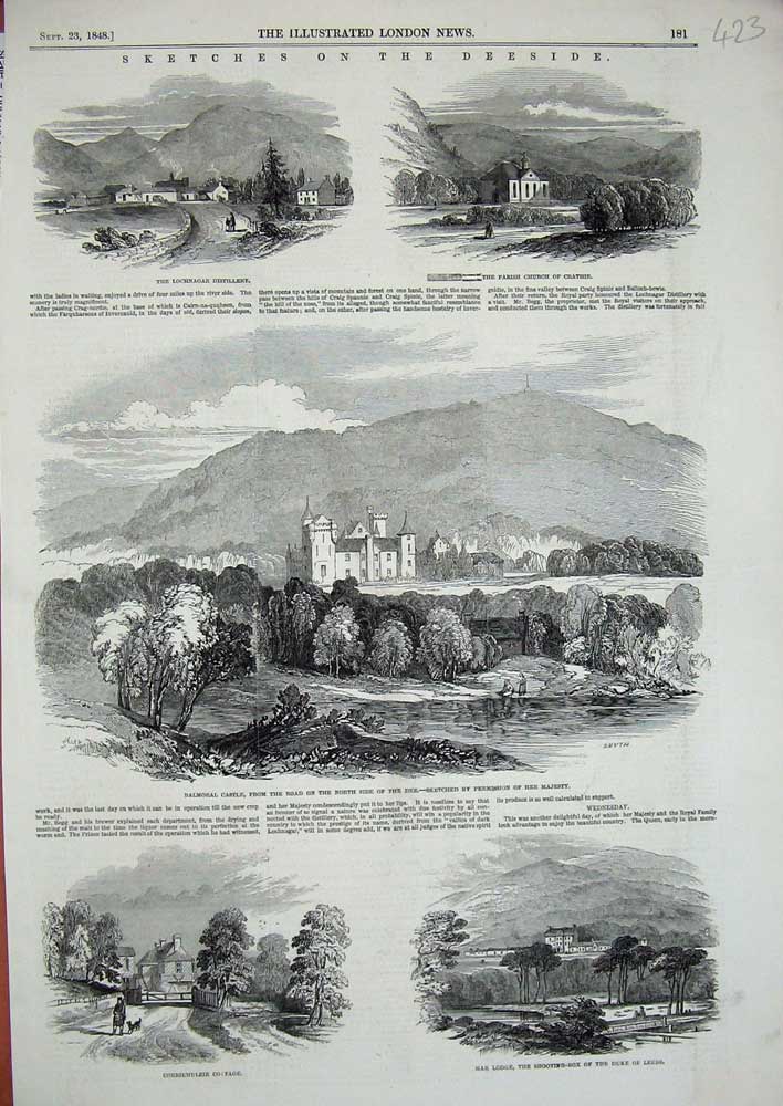 Old Antique Print 1848 Balmoral Castle Scotland Mar Lodge Church Crathie 19th