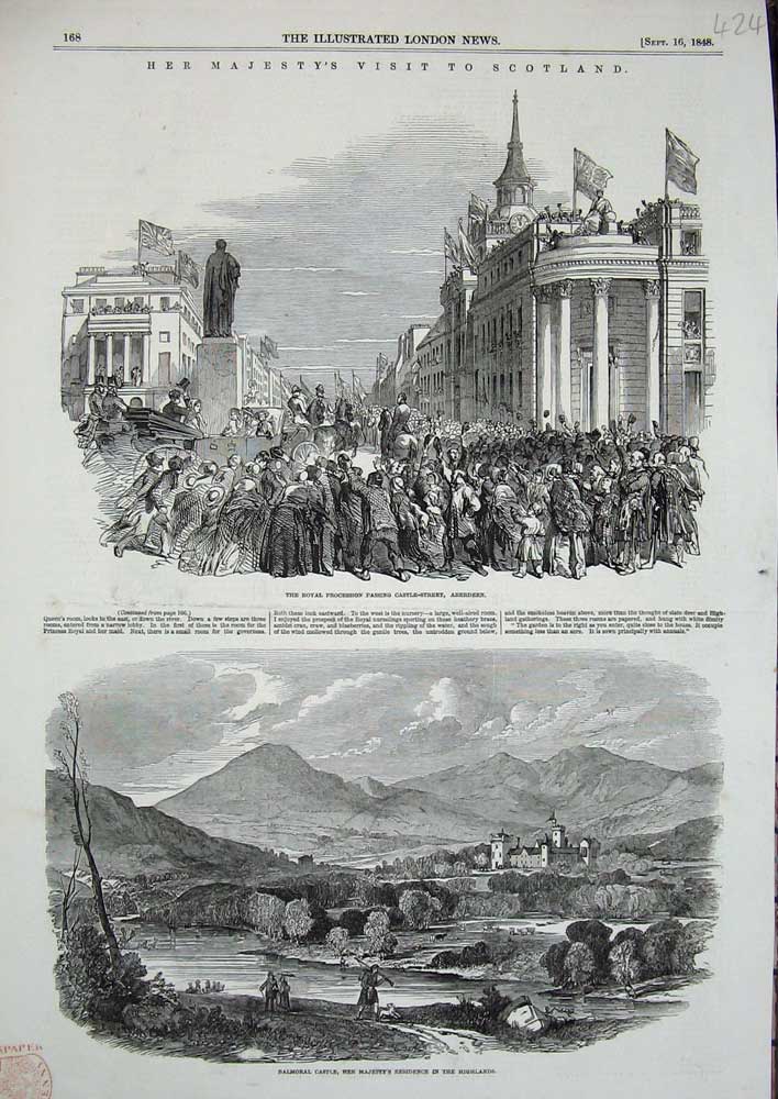 Old Antique Print 1848 Queen Procession Castle Street Aberdeen Balmoral 19th