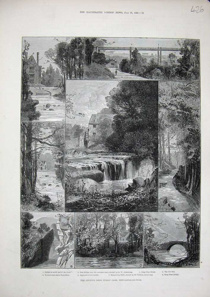 Old Antique Print 1883 Jesmond Dene Public Park Newcastle-On-Tyne Grotto 19th