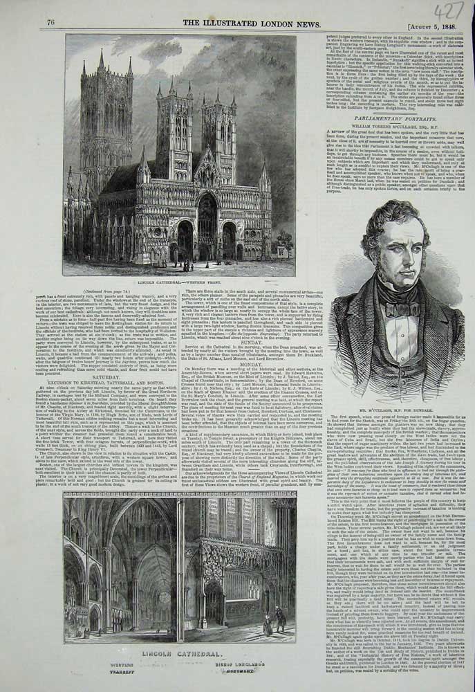 Old Antique Print 1848 Lincoln Cathedral M'Cullagh Bishop Longland Statue 19th