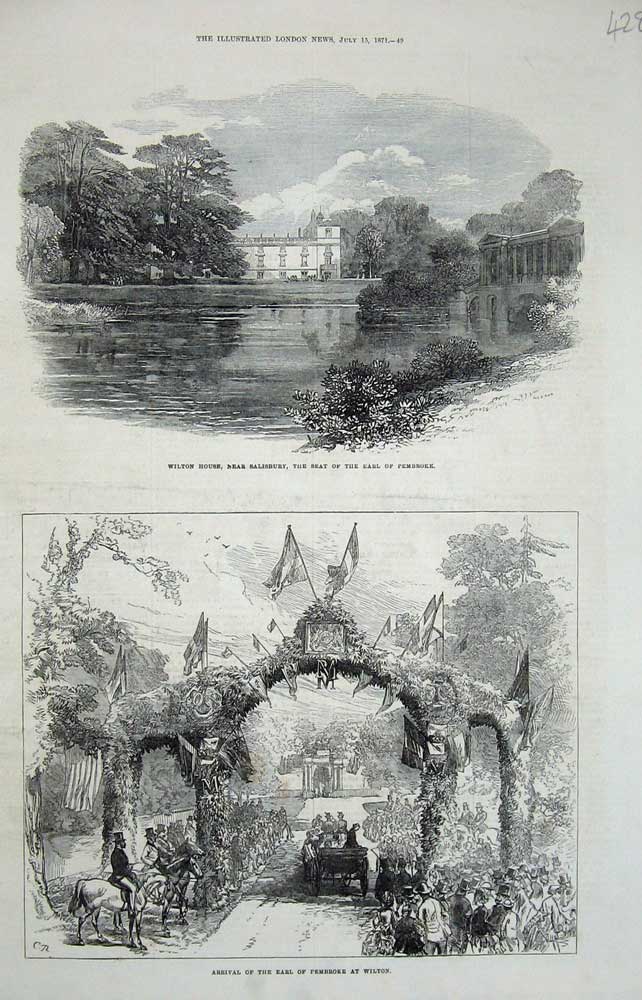 Old Antique Print 1871 Earl Pembroke Wilton House Salisbury Lake Gardens 19th