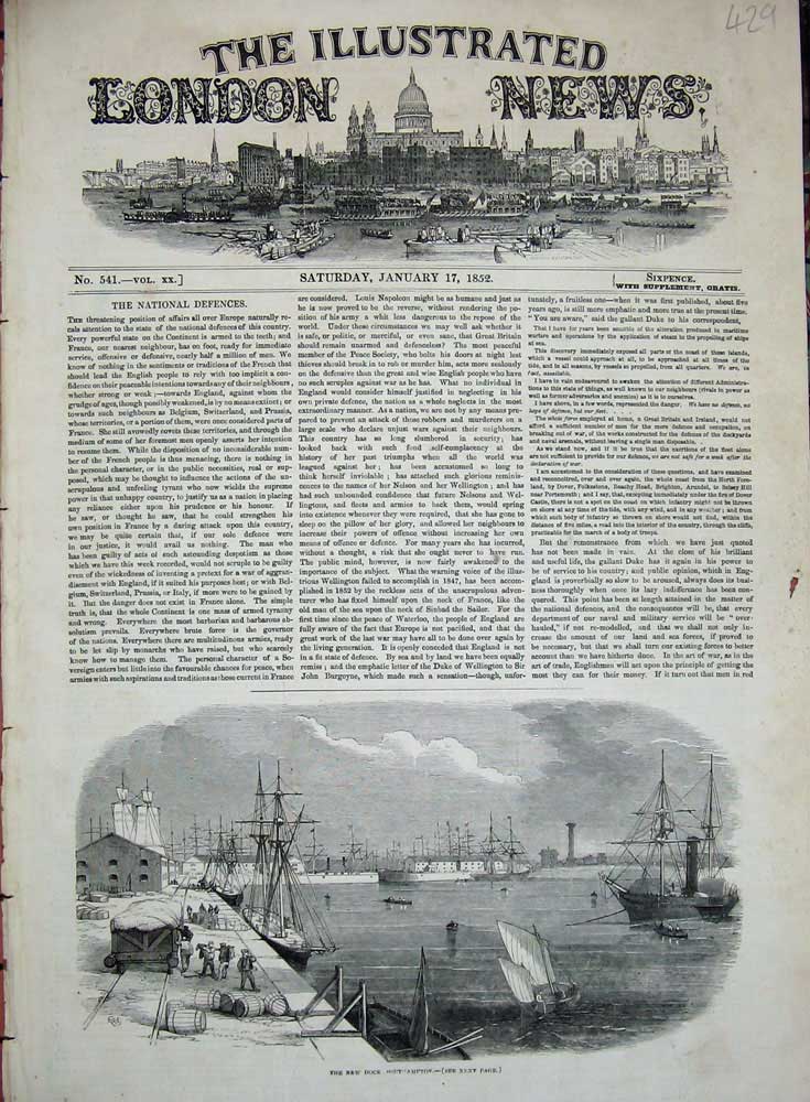 Original Old Antique Print New Dock Southampton England 1852 War Ship Sailing