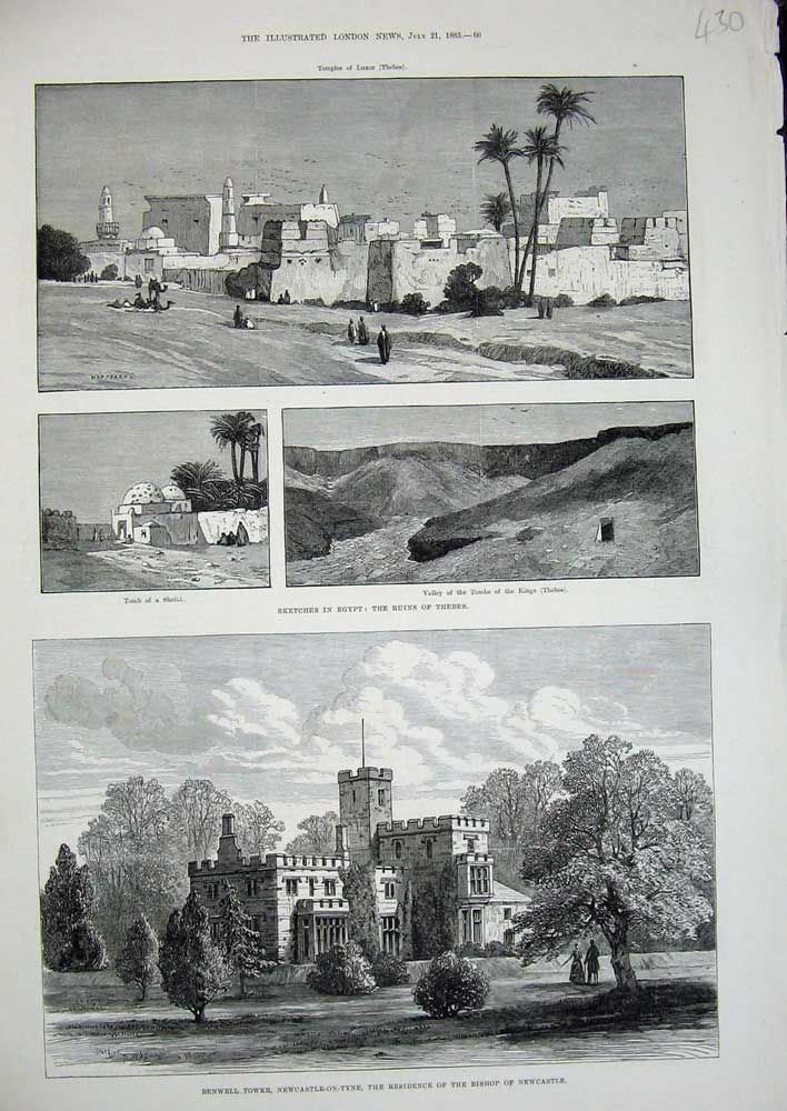 Old Antique Print 1883 Egypt Ruins Thebes Benwell Tower Newcastle Bishop 19th