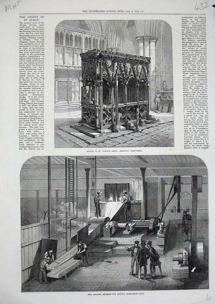 Original Old Antique Print 1873 Shrine Alban'S Abbey Rolling Machine Horse-Shoe