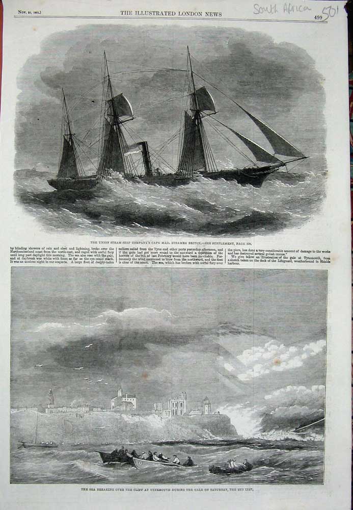 Old Antique Print 1861 Steam Ship Mail Steamer Briton Ship Tynemouth Sea 19th