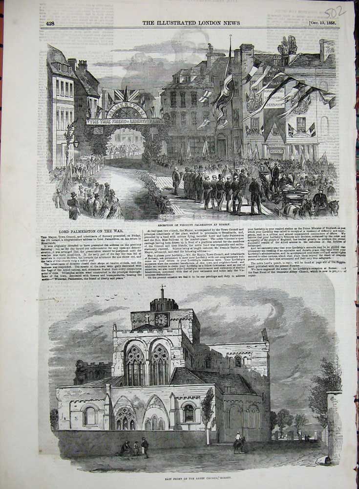 Old Antique Print 1855 Reception Viscount Palmerston Romsey Abbey Church 19th
