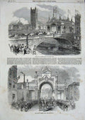 Original Old Antique Print Arch Victoria Bridge Irwell 1851 Albert River Horses