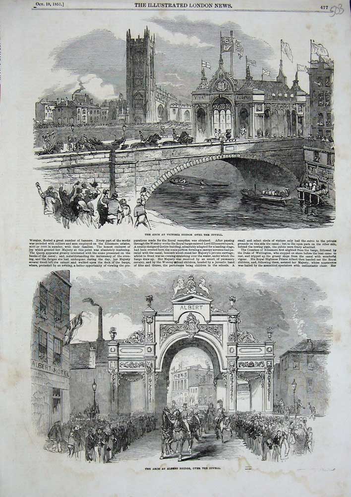 Original Old Antique Print Arch Victoria Bridge Irwell 1851 Albert River Horses