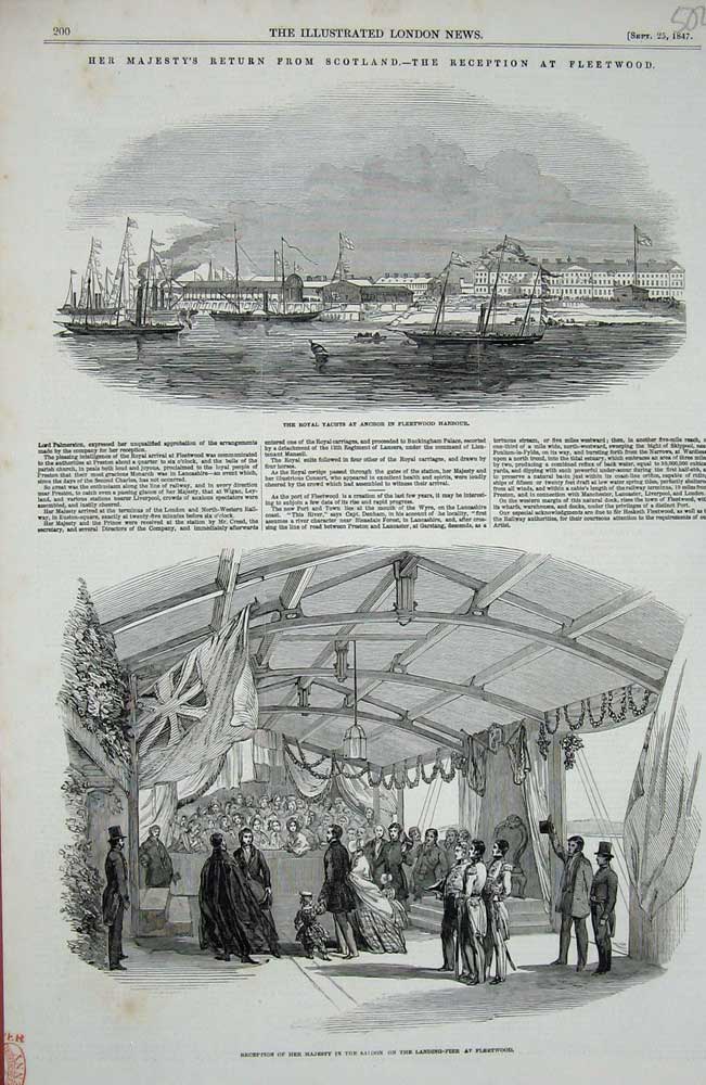 Original Old Antique Print 1847 Royal Yacht Fleetwood Harbour Ship Saloon Queen